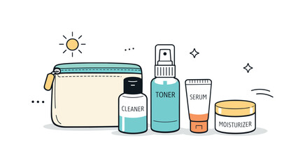 Summer skincare minimal travel size. Compact skincare bottles placed next to a small pouch, ready for summer trips. The scene feels