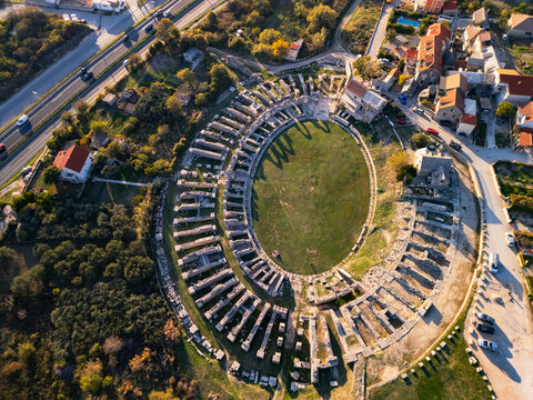 Ancient Roman ruins of the city of Solin in Croatia, Split - 4K aerial view from a drone
