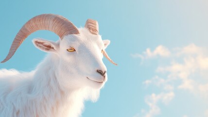 Obraz premium Majestic goat with curved horns against a clear blue sky