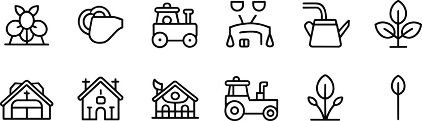 Obraz premium Agriculture, farming, gardening, tractor, sprinkler, watering can, gloves, flower, plant, leaf, rural, house, school, church, community, icon, vector, silhouette, design, nature, set