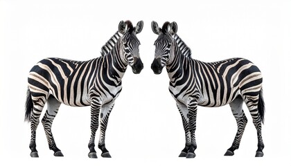 Obraz premium Two majestic zebras, featuring their distinctive black and white striped patterns, stand gracefully facing each other in a clean studio shot isolated on a pristine white background
