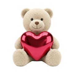Naklejka premium Cute fluffy teddy bear holding large shiny red heart symbol of love friendship and affection gentle soft toy isolated on transparent background perfect for valentines day or expressing feelings
