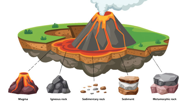 A detailed educational diagram showing the rock cycle and volcanic activity, displayed against a white background (3)_traced