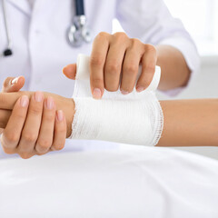 Fototapeta premium Manos de enfermera o doctor colocando un vendaje blanco alrededor de la muñeca de un paciente, concepto de primeros auxilios, atención medico sanitaria de urgencias, medicina y salud