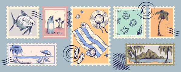 Vintage sketch beach postcards or stamps set with palm trees, striped chairs and umbrella. Vector illustration of italian sea coast, summer paradise posters with retro hand drawn landscapes, surfboard