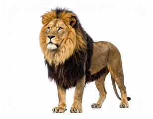 Obraz premium A majestic male lion with a full dark and golden mane stands proudly, looking to the left on a clean white background.