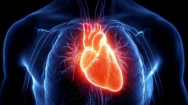 X-ray heart beating human body smoothly, revealing a glowing, beating heart at the center. The animation highlights anatomy, motion, and circulation in a clean, detailed, and continuous visual loop.
