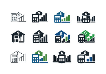Bank loan calculator. Icon set. Set Logo of Bank loan calculator: calculator and graph combo. harmonious logo variations of the