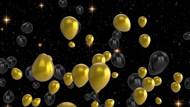 Gold or black balloons rising from base through stars, camera moving forward pulling back adding dep