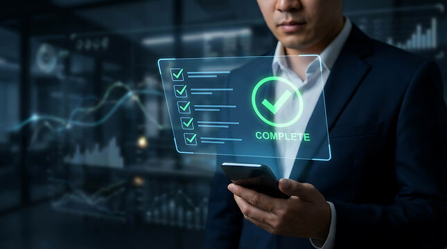 Businessman completing tasks on smartphone with virtual checklist