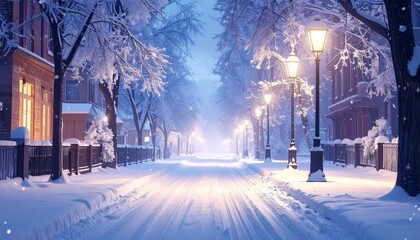 Snowy Winter Scene with Red Brick Buildings
