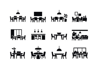 Fototapeta premium contemporary interior dining. Solid icon set of contemporary interior dining: sleek table, slim chairs, minimalist decor, modern interior,
