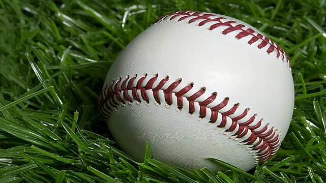 Classic white baseball with red stitching rests gently on vibrant green grass field surface.