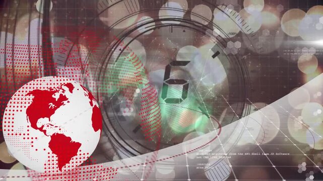 Countdown starting central dial counting down rings rotating and globe shifting signaling broadcast