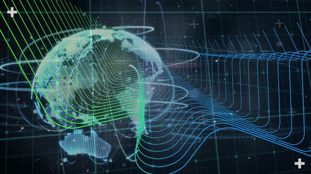 Green wave starting offscreen and sweeping hologram globe rotating ribbons visualizing global flow