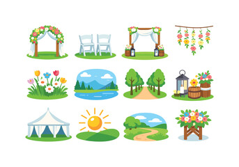 Obraz premium Outdoor Wedding Icons. Outdoor wedding. Colorful flat vector icons set of outdoor wedding: garden arch, lawn chairs, meadow flowers, open field altar, hanging