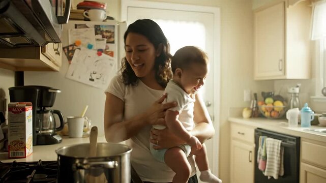 Laughing mother holding baby while cooking in kitchen. Happy Hispanic mom multitasking with infant