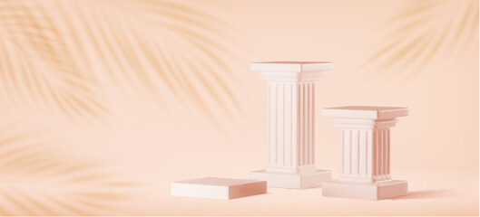 Naklejka premium Beige marble coumn podiums realistic vector background. Ancient roman or greek pillars, three square stands or museum pedestals, product presentation or exhibition on bg with palm leaves silhouettes