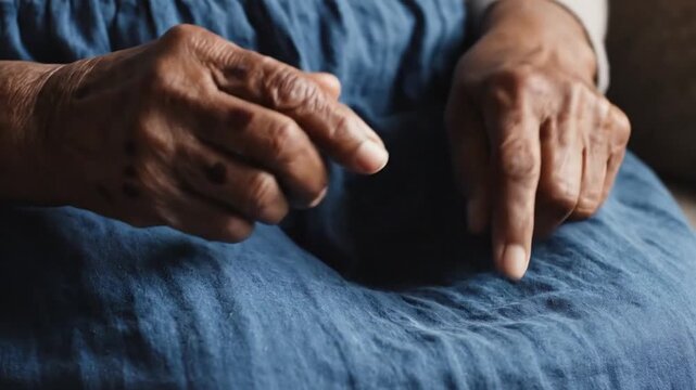 Elderly hands resting on lap, wrinkled skin, age spots