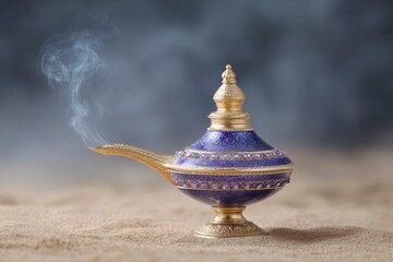 aladdin lamp, gold and blue with gems, sitting on sand in the desert at night. smoke is rising from the spout, with a dark background