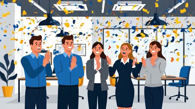 Office team celebration animated video confetti falling for business success and corporate achievement with applause