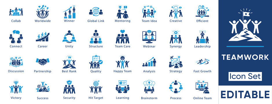 Teamwork and Leadership solid icon set. Includes partnership, strategy, success, mentoring, and webinar. Vector glyph design for business innovation.