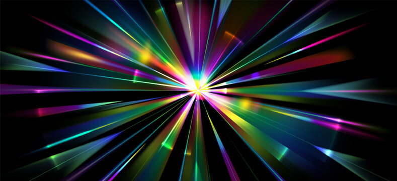 Rainbow light speed motion effect, starburst prism flare on black background abstract vector illustration. 3d explosion with holographic spectrum gradient, radial halo lines, glowing rays and beams