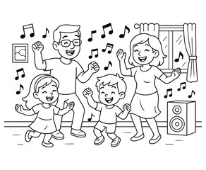 Fototapeta premium Family dancing joyfully to music with speaker and window, lively celebration