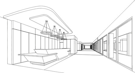 Fototapeta premium Modern office lobby reception interior perspective line drawing with minimalist reception desk hallway and contemporary architectural lighting