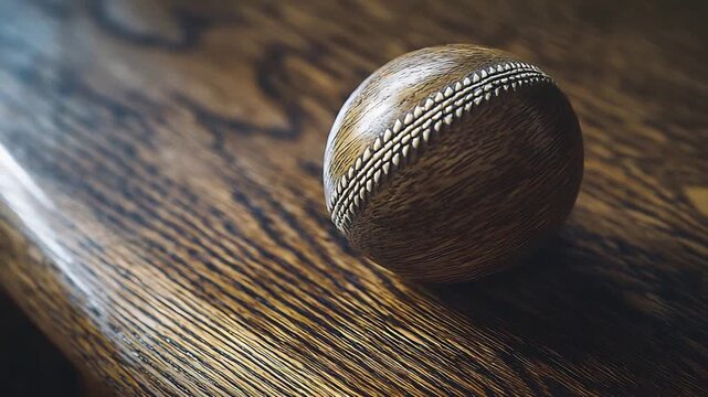 Unique wooden baseball with detailed stitching rests on a beautiful dark timber surface.
