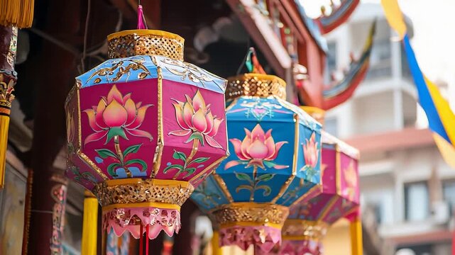 Vibrant traditional Asian lanterns with lotus flowers gracefully hanging for cultural celebration.