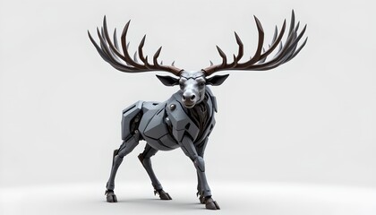 Naklejka premium A 3D rendered robot stands in the foreground against a neutral backdrop. It is designed to resemble an animal, likely a horse or donkey, and possesses a deer head with antlers