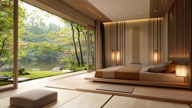 Serene Minimalist Bedroom Interior with Expansive View of Lush Green Forest and Tranquil Pond.