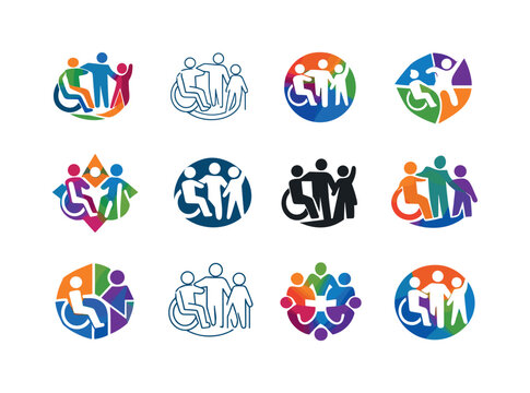 Disability pride and empowerment. Icon set. Set Logo of disability pride and empowerment: inclusive community circle of diverse figures.
