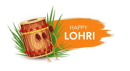 Vibrant illustration of a dhol drum surrounded by greenery and red berries for lohri celebration.