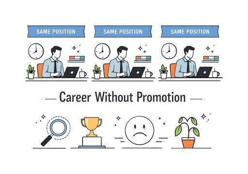 Career without promotion. Abstract editorial layout with repeating office icons and unchanged title banners. Concept of routine, recognition