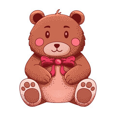 Obraz premium Cute brown teddy bear illustration with a red bow tie for Valentine's Day.