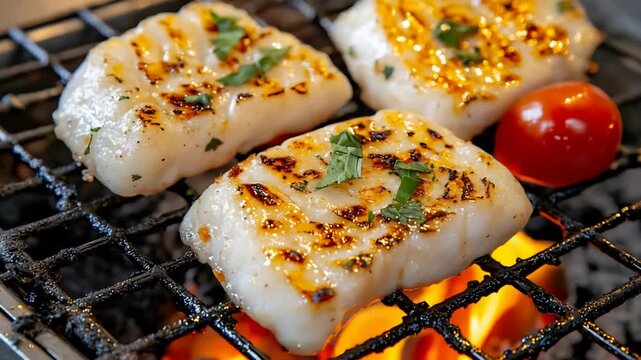 Succulent white fish fillets sizzling on a hot barbecue grill with fresh herbs and a tomato.