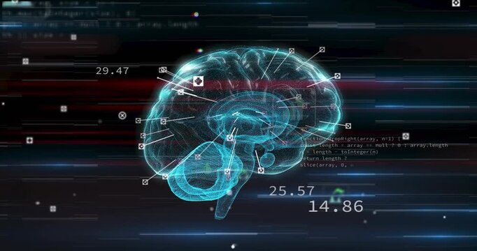 Upon playback cyan brain rotating, extending pins and updating readouts, highlighting regions