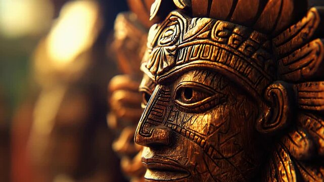 Close up of an intricately carved golden wooden mask showcasing ancient tribal art and mystery.