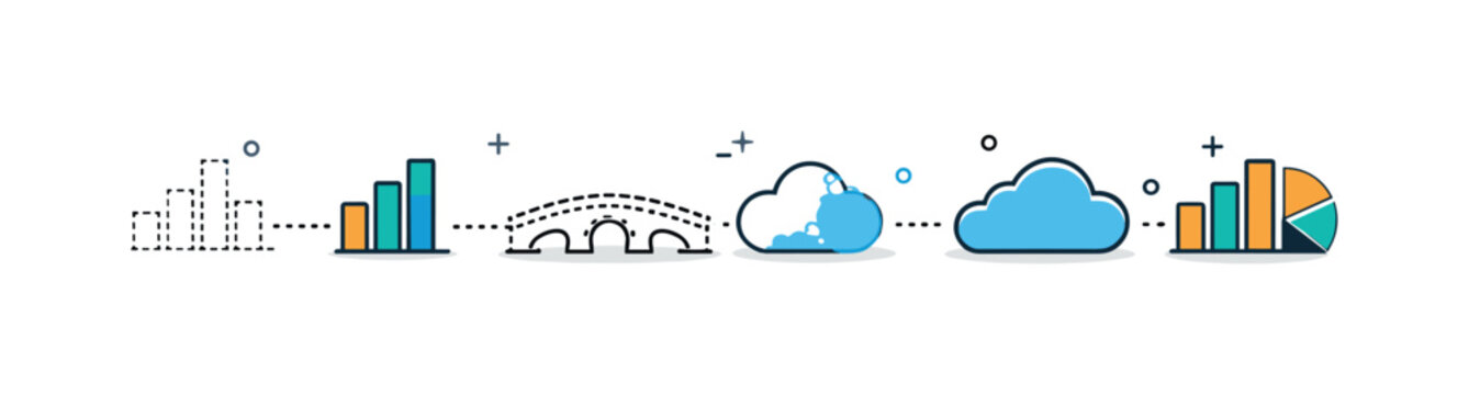 Bridging the information gap. An editorial transition scene where dotted-line gaps between data blocks gradually fill in with complete icons