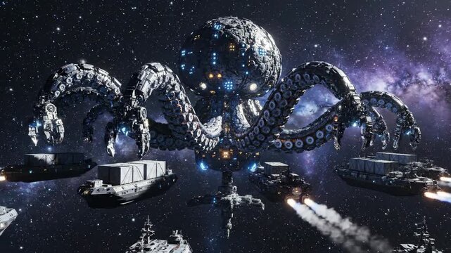 Giant Octopus Shaped Space Station Suspended Amidst Starry Galaxy With Cargo Ships