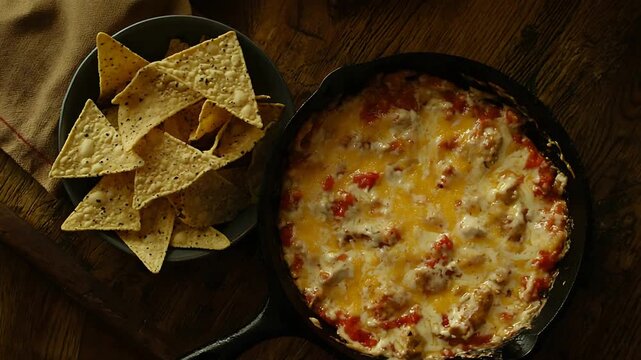Appetizing bubbling hot cheesy dip served with crispy tortilla chips in a rustic setting.