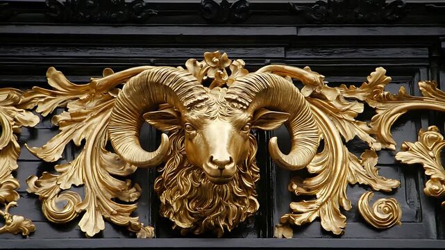 Regal Golden Ram Head Ornament with Intricate Baroque Details on Dark Background.