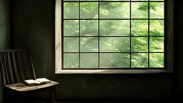 Peaceful reading corner with open book on chair by sunlit window overlooking green trees.