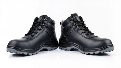 Pair of black safety work shoes isolated on a white background.