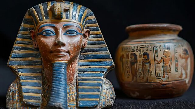 Detailed ancient Egyptian pharaoh bust with blue and gold stripes and a hieroglyphic canopic jar.