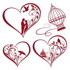 Elegant and intricate heart and bird illustrations in a romantic style Vector