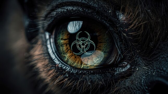 fruit bat gazing with intense eye close up showing biohazard symbol reflected in pupil in dark wildlife setting revealing hidden zoonotic threat and viral reservoir