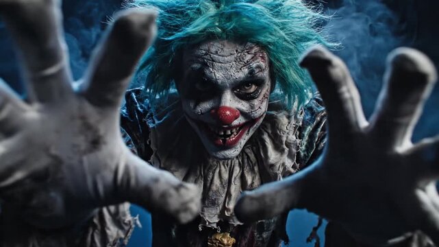 Creepy clown emerging from dark misty background